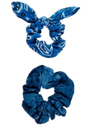 Scunci - Mixed Scrunchies, 2 Count (Blue tie-dye and Blue Bandana Print)