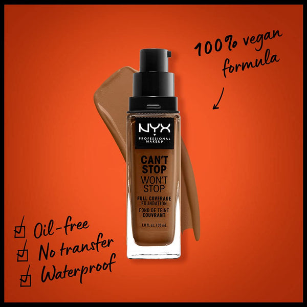 NYX - Professional Makeup Can't Stop Won't Stop Full Coverage Foundation, Matte Finish, Waterproof, Warm Mahogany, 1 Oz