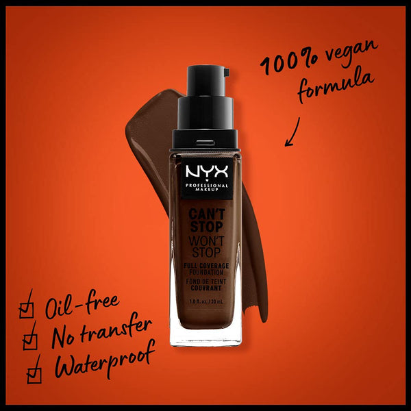 NYX - Professional Makeup Can't Stop Won't Stop Full Coverage Foundation, Matte Finish, Waterproof, Deep Ebony, 1 Oz