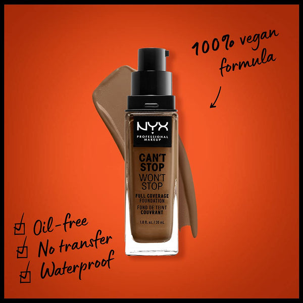 NYX - Professional Makeup Can't Stop Won't Stop Full Coverage Foundation, Matte Finish, Waterproof, Light Ivory, Deep Sable, 1 Oz