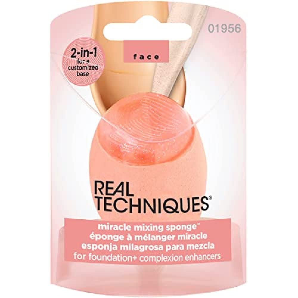 Real Techniques - New 2-in-1 Miracle Mixing Sponge for Foundation and Complexion Enhancers, Makeup Sponge with Silicone Applicator, Pink, 24 g