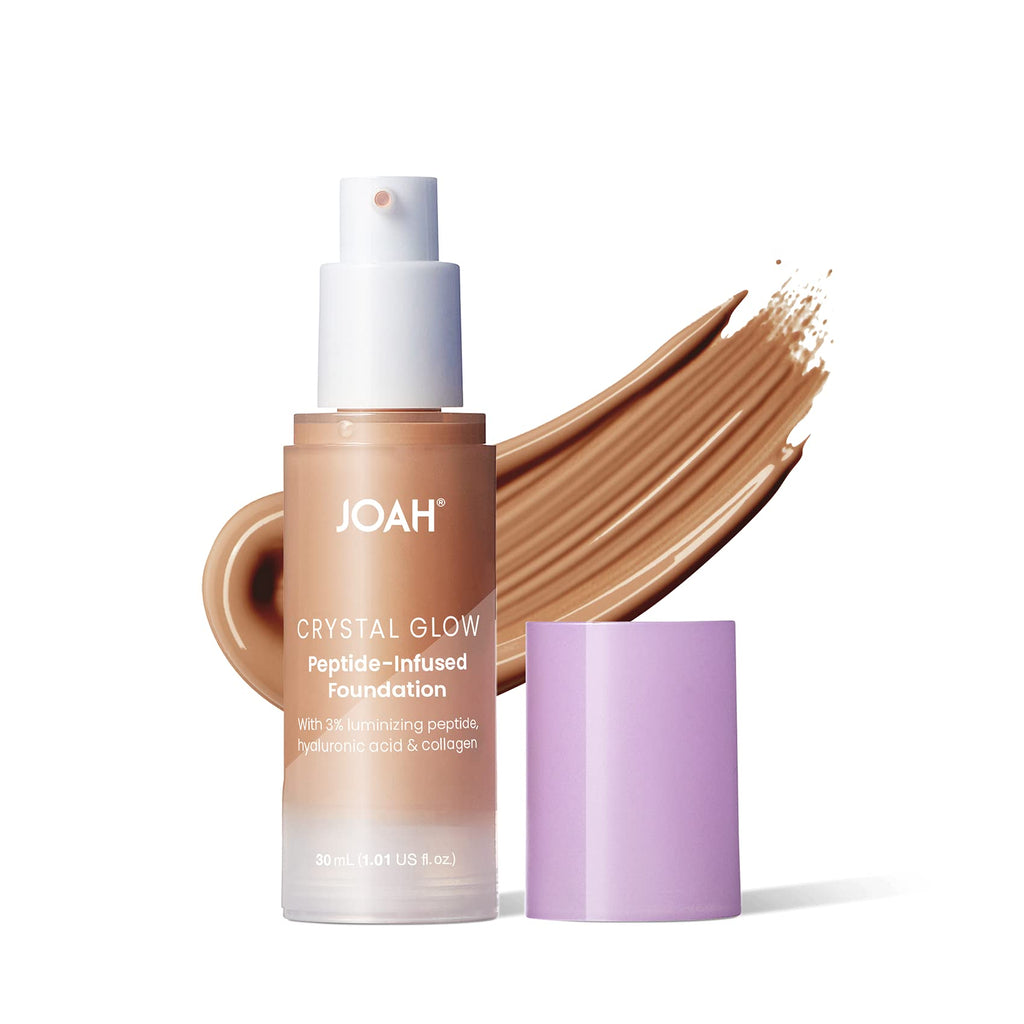 JOAH - Crystal Glow Peptide-Infused Foundation, 2-in-1 Multitasking Korean Makeup with Blurring Face Primer, Luminizer, Hydration & Skin Defense for a Flawless Finish, 1.01 Oz, Tan Warm