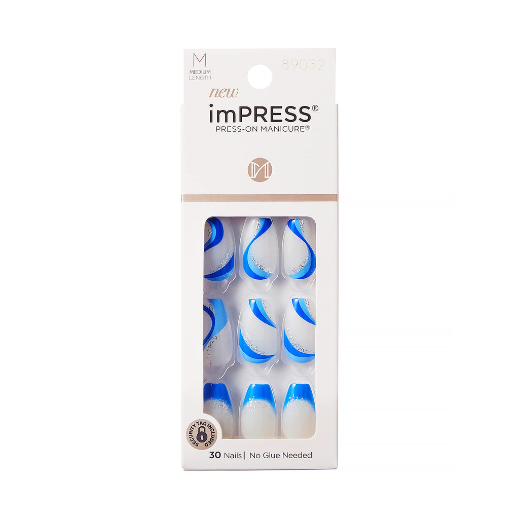 KISS - imPRESS Press-On Manicure Fake Nails, Medium Coffin, Mesmerize, Glossy Medium Blue, Comfortable, Super Hold Adhesive, No Glue, Chip Proof, No Dry Time, Smudge Proof, Waterproof, 30 Count