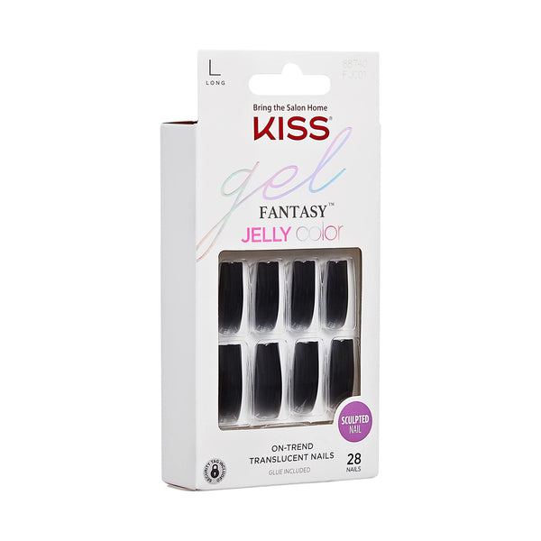 KISS - Jelly Fantasy Fake Nails - Jelly Gelee , Black Sculpted, Long Square Translucent, Ready To Wear, Professional Quality, Minutes To Apply, Easy Removal, 28 Count