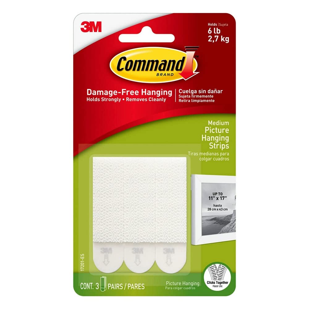 3M COMMAND -  Adhesive Medium Picture Hanging Strips, White, 3/pk, 6lbs
