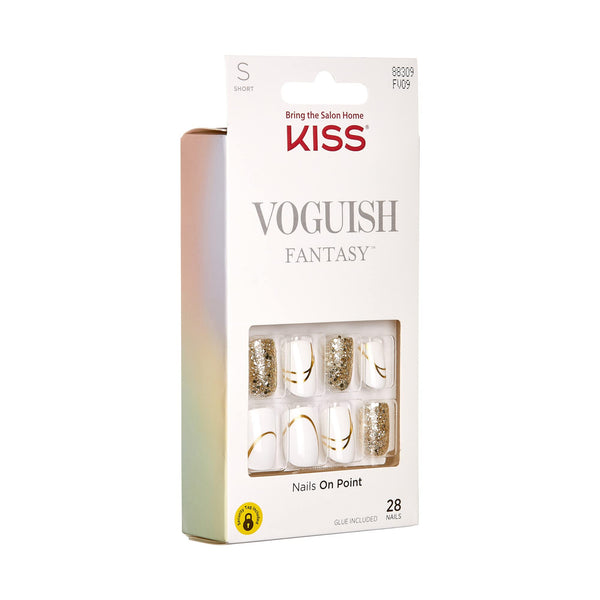 KISS - Voguish Fantasy Nails ‚ Glam and Glow, White & Glittery, Short Length, Square Shape, Ready To Wear, No Damage, No Dry Time, Waterproof, Smudge Proof, Shine, 28 Count