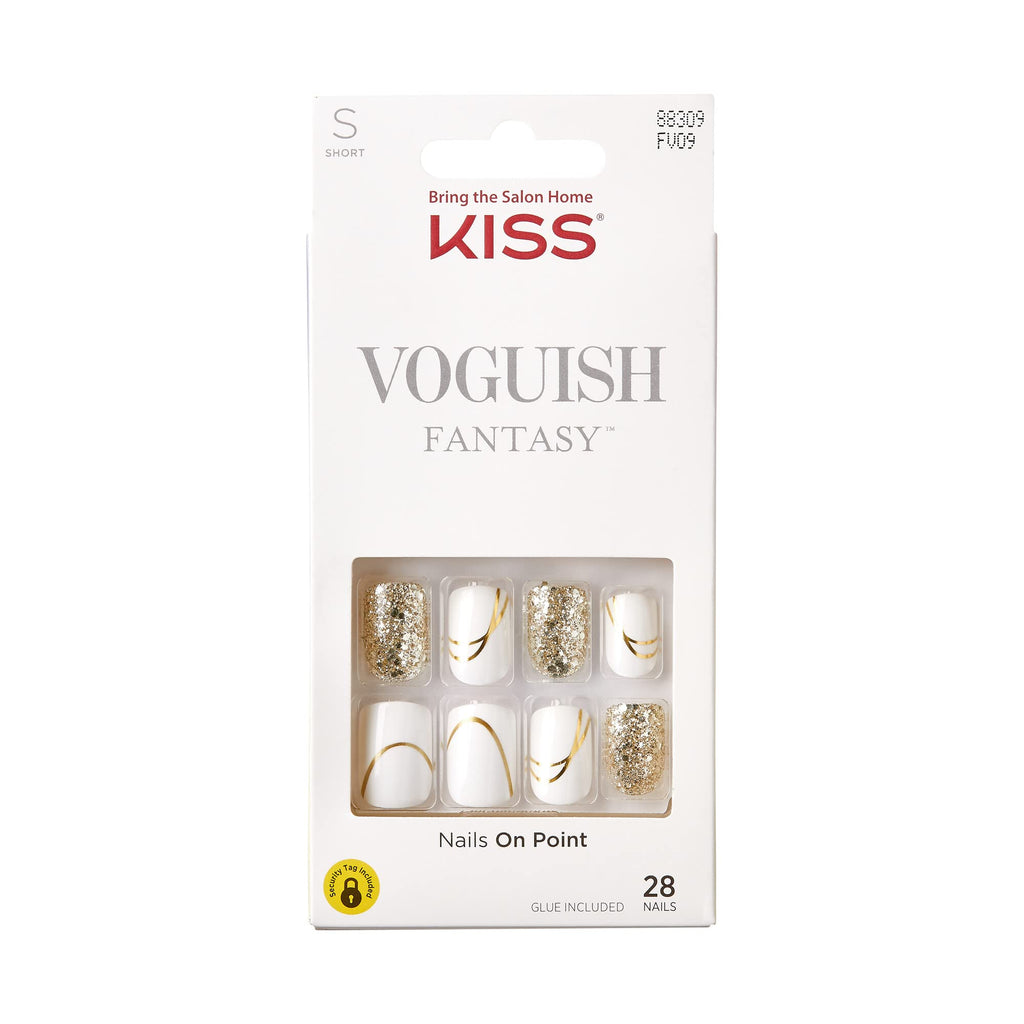 KISS - Voguish Fantasy Nails ‚ Glam and Glow, White & Glittery, Short Length, Square Shape, Ready To Wear, No Damage, No Dry Time, Waterproof, Smudge Proof, Shine, 28 Count