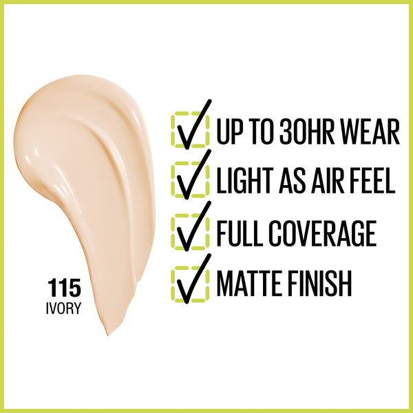 Maybelline - Super Stay Full Coverage Liquid Foundation Active Wear Makeup, Up to 30Hr Wear, Transfer, Sweat & Water Resistant, Matte Finish, Ivory 115, 1 fl oz.