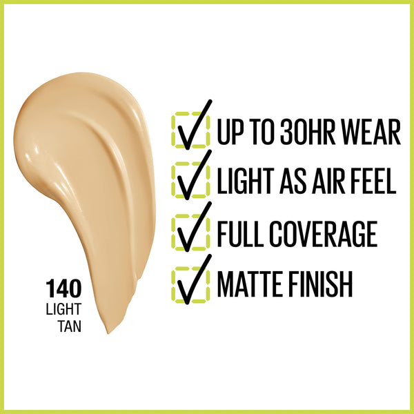Maybelline - Super Stay Full Coverage Liquid Foundation Active Wear Makeup, Up to 30Hr Wear, Transfer, Sweat & Water Resistant, Matte Finish, Light Tan 140, 1 fl oz
