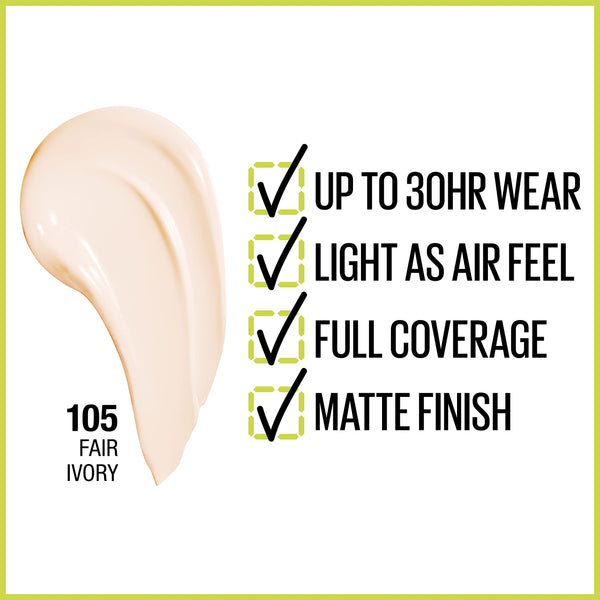 Maybelline - Super Stay Full Coverage Liquid Foundation Active Wear Makeup, Up to 30Hr Wear, Transfer, Sweat & Water Resistant, Matte Finish, Fair Ivory 105, 1 fl oz.