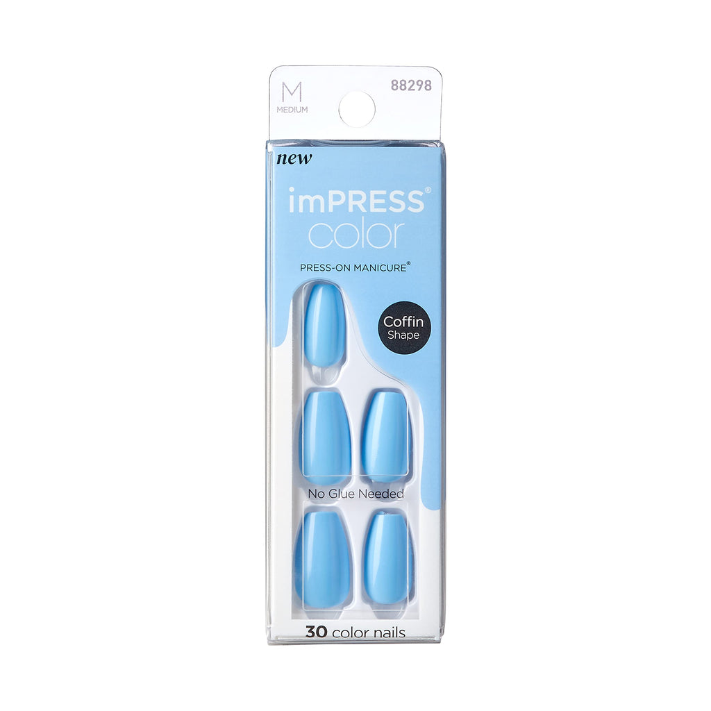 KISS - imPRESS Color Press-On Manicure Fake Nails, Serene Blue, Solid Blue Short & Square, Ready To Wear, Chip Proof, Smudge Proof, No Dry Time, Mini File & More, 30 Count