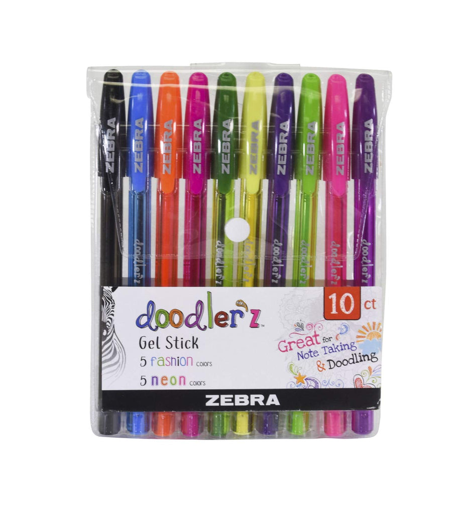 Zebra Pen - Doodlerz Gel Stick Pen, Bold Point, 1.0mm, Assorted Neon Colors, 10 Pack