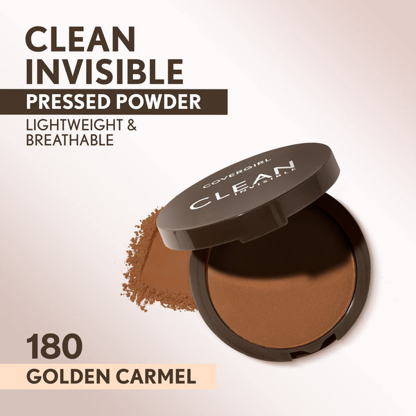 COVERGIRL - Clean Invisible Pressed Powder, Lightweight, Breathable, Vegan Formula, 180 Golden Caramel, 0.38 oz