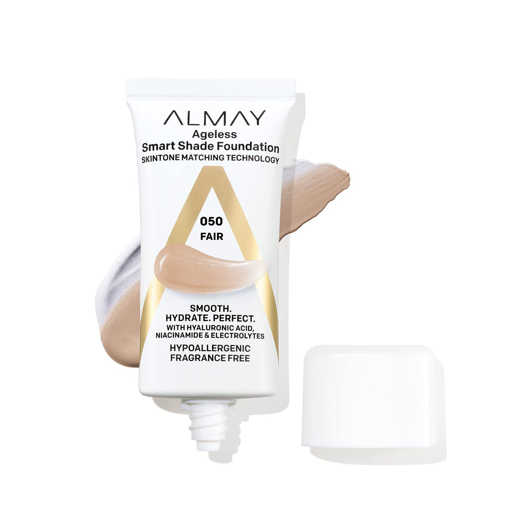 Almay - Anti-Aging Foundation, Smart Shade Face Makeup with Hyaluronic Acid, Niacinamide, Vitamin C & E, Hypoallergenic-Fragrance Free, 050 Fair, 1 Fl Oz