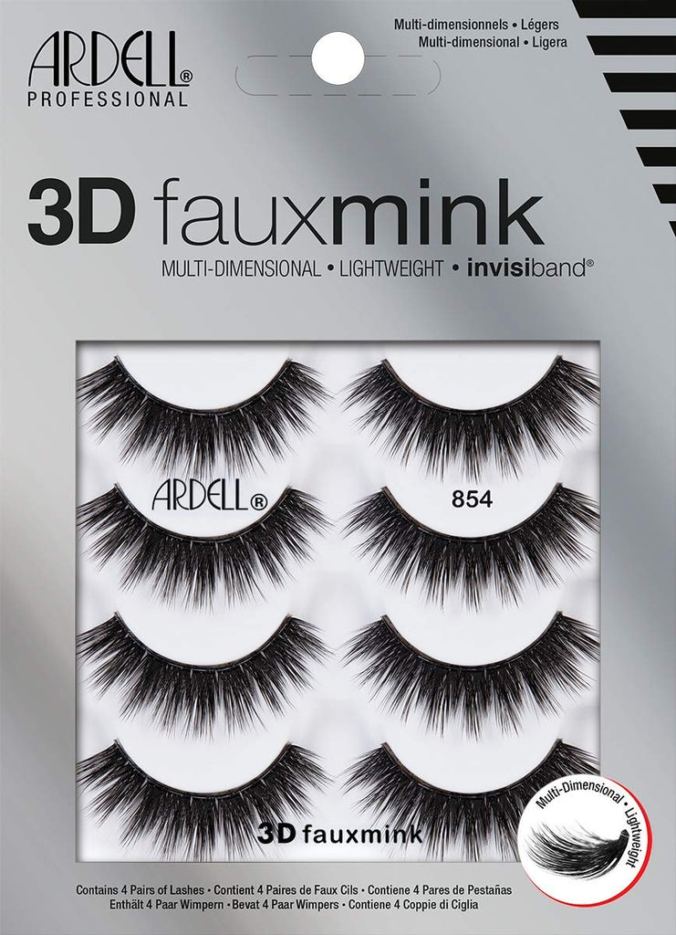 Ardell - 3D Faux Mink Lashes, Full Volume, Medium Length, Feathered Look, Black 854, 4 Pairs