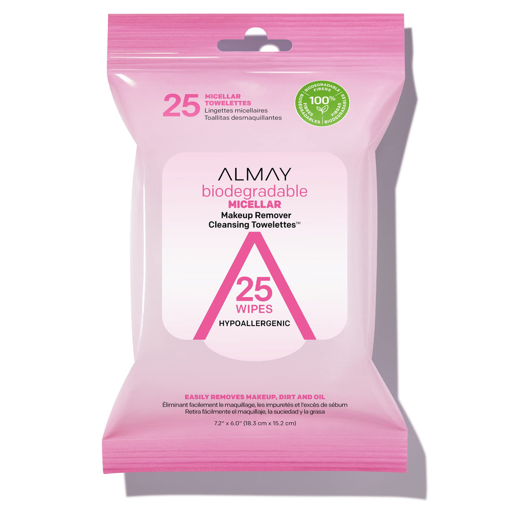 Almay - Makeup Remover Cleansing Towelettes, Biodegradable Micellar Water Wipes for Sensitive Skin, Hypoallergenic, Cruelty Free, Fragrance Free, 25 Count