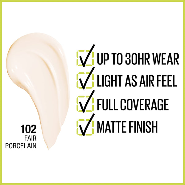 Maybelline - Super Stay Full Coverage Liquid Foundation Active Wear Makeup, Up to 30Hr Wear, Transfer, Sweat & Water Resistant, Matte Finish, Fair Porcelain 102, 1 Fl oz.