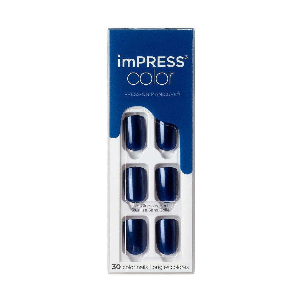 KISS - imPRESS Color Press-On Nails, Nail Kit, PureFit Technology, Short Length, Never Too Navy, Polish-Free Solid Color Manicure, Includes Prep Pad, Mini Nail File, Cuticle Stick, and 30 Fake Nails