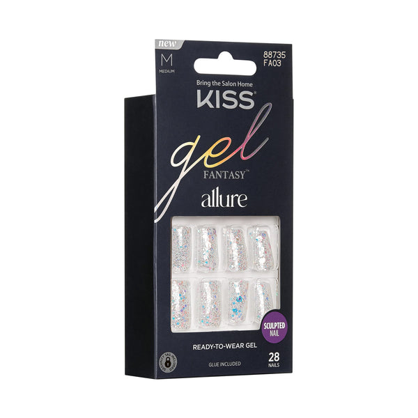 KISS - Gel Fantasy Allure Ready-To-Wear Fake Nails ‚ Medium, Square - How Dazzling, Salon Quality, Smudge Proof, Waterproof, Durable, Wearable, Flexible, Chip Proof, Gorgeous & Shiny, 28 Count
