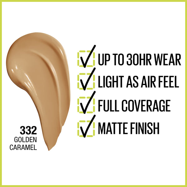 Maybelline - Super Stay Full Coverage Liquid Foundation Active Wear Makeup, Up to 30Hr Wear, Transfer, Sweat & Water Resistant, Matte Finish, Golden Caramel 332, 1 fl oz