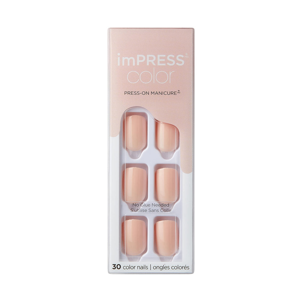 KISS - imPRESS Color Press-On Nails, Gel Nail Kit, PureFit Technology, Short Length, Peevish Pink, Polish-No Solid Color Manicure, Includes Prep Pad, Mini Nail File, Cuticle Stick, and 30 Fake Nails