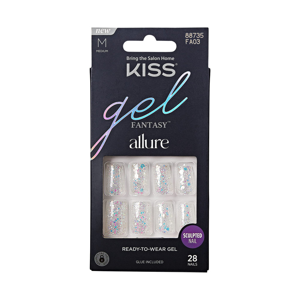 KISS - Gel Fantasy Allure Ready-To-Wear Fake Nails ‚ Medium, Square - How Dazzling, Salon Quality, Smudge Proof, Waterproof, Durable, Wearable, Flexible, Chip Proof, Gorgeous & Shiny, 28 Count