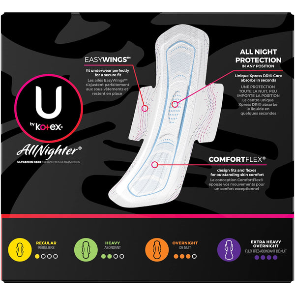 Kotex - U by Kotex AllNighter Ultra Thin Overnight Pads with Wings, 12 Count