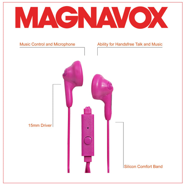 Magnavox - Gummy Earbuds with Microphone in Pink MHP4820M-PK , Gummy Earbuds, Rubberized Cable, Extra Comfort Stereo Earbuds